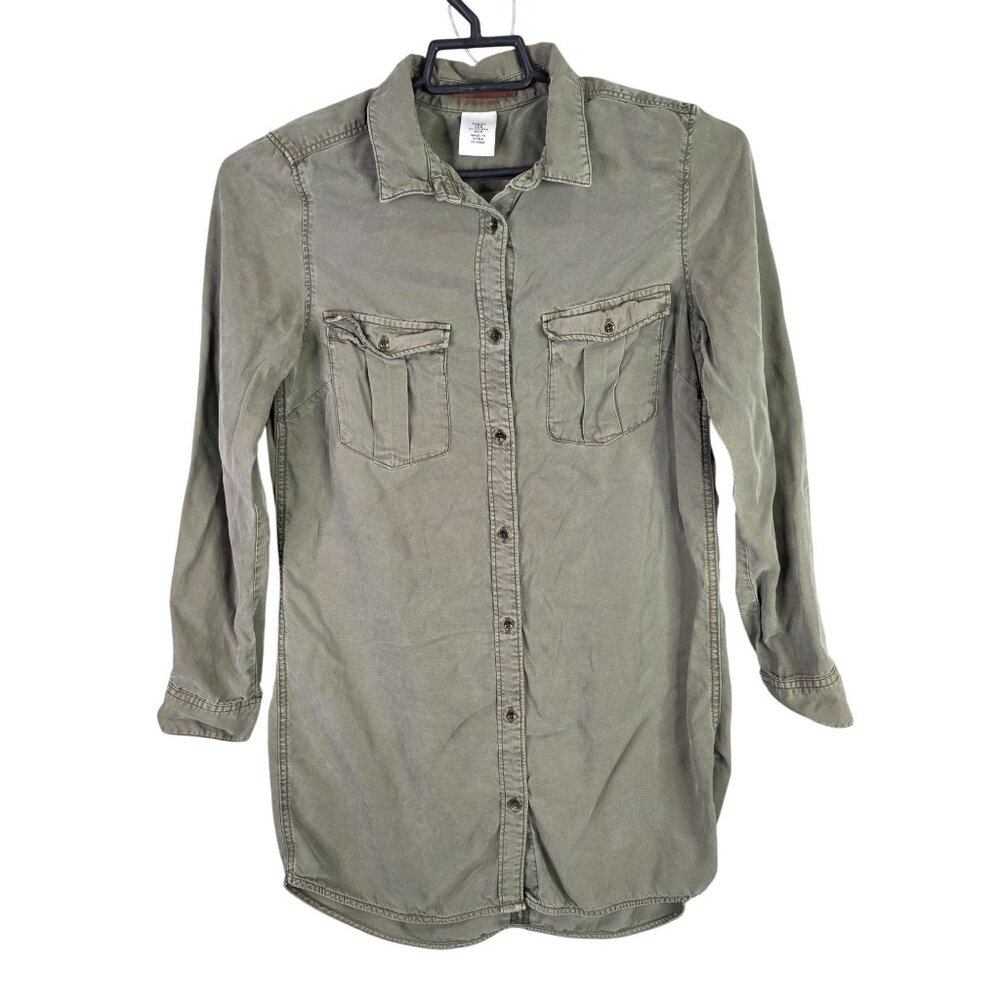 Womens H&M Khaki Green Shirt Dress 100% Lyocell Long Sleeve Button Up Size 8